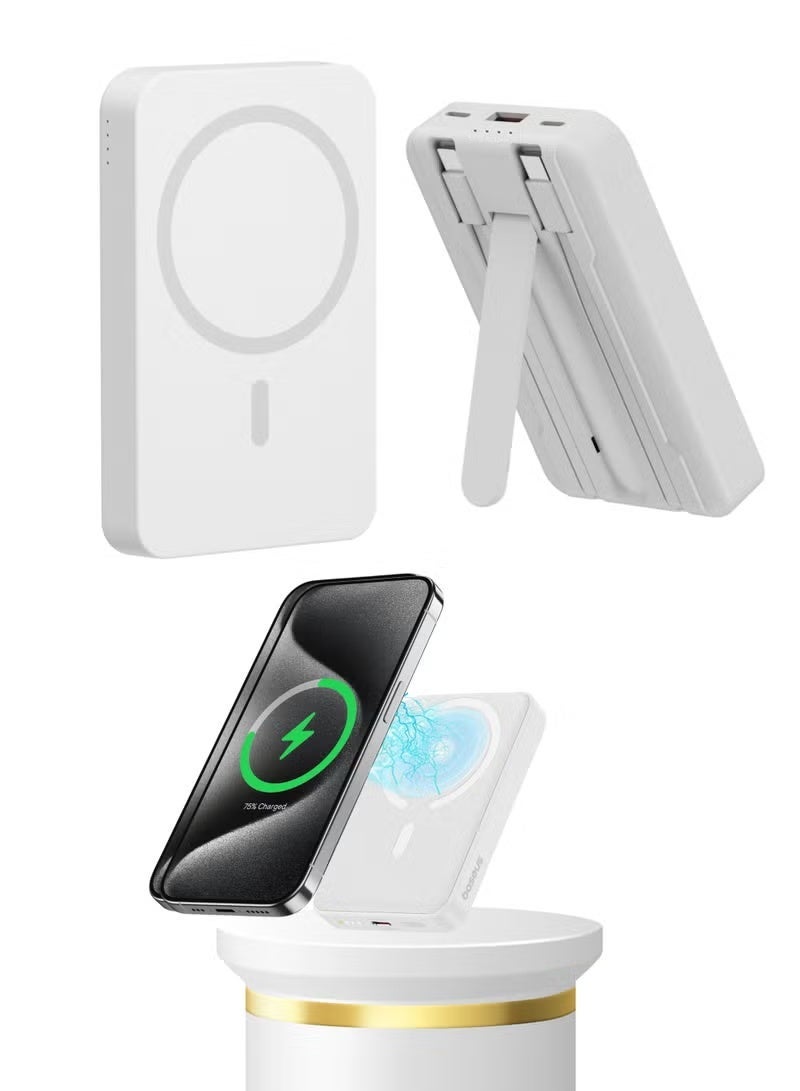 Magnetic Wireless Power Bank 10000mAh with Foldable Stand, Fast Charging, Dual Type-C & USB Ports, LED Indicator, Includes Type-C & Lightning-Compatible Cables – White - Image 1